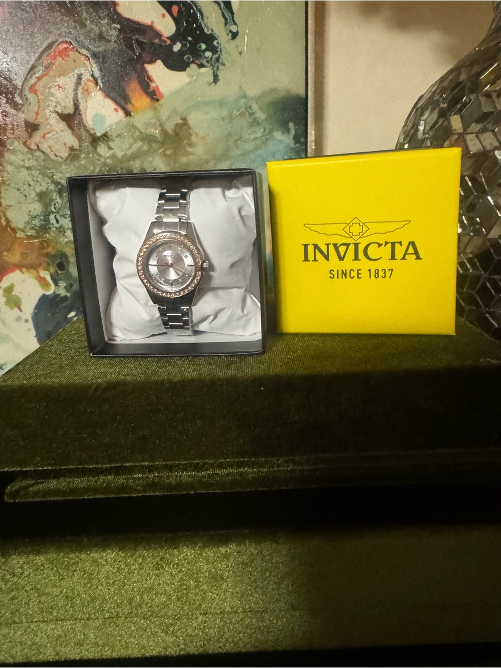 Invicta Silver Tone Watch with Yellow Accent Box